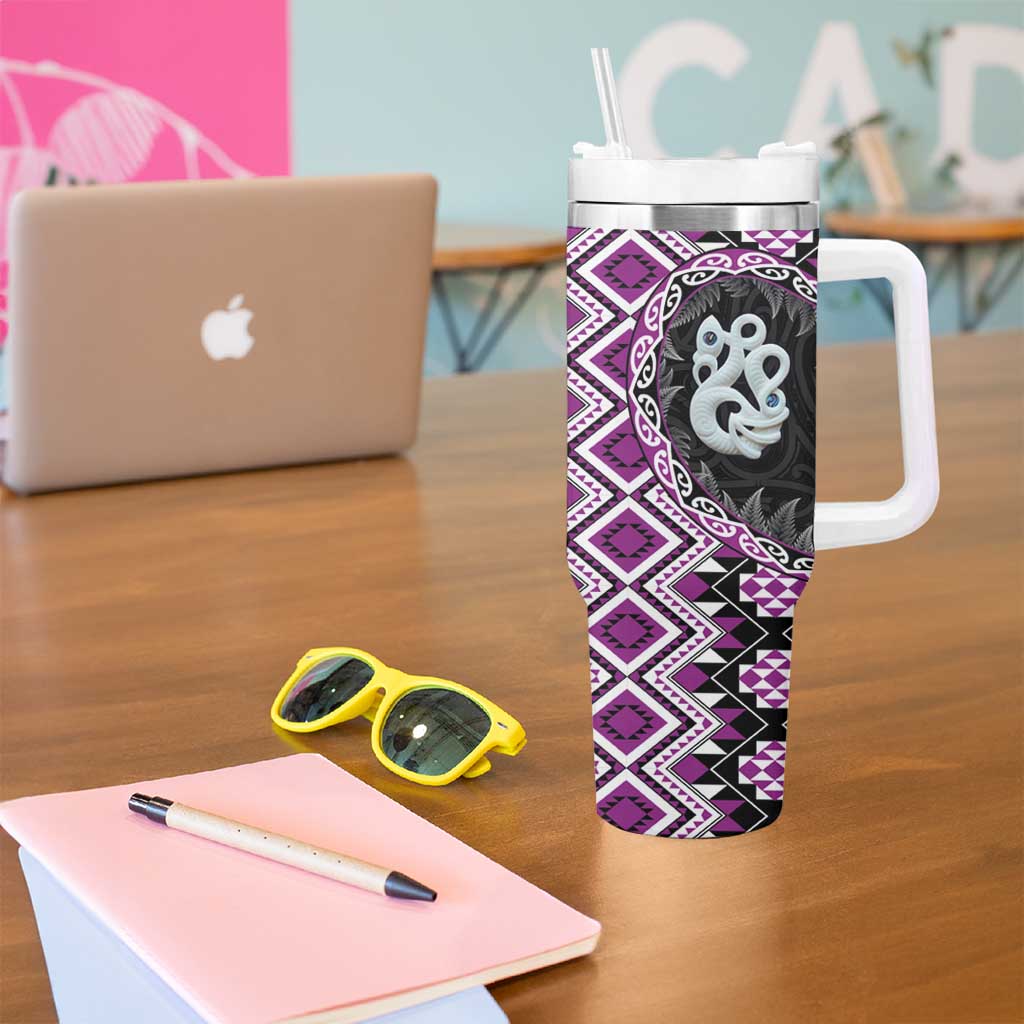 Purple Taniko Motif Aotearoa Manaia and Silver Fern Tumbler With Handle LT03 - Polynesian Pride