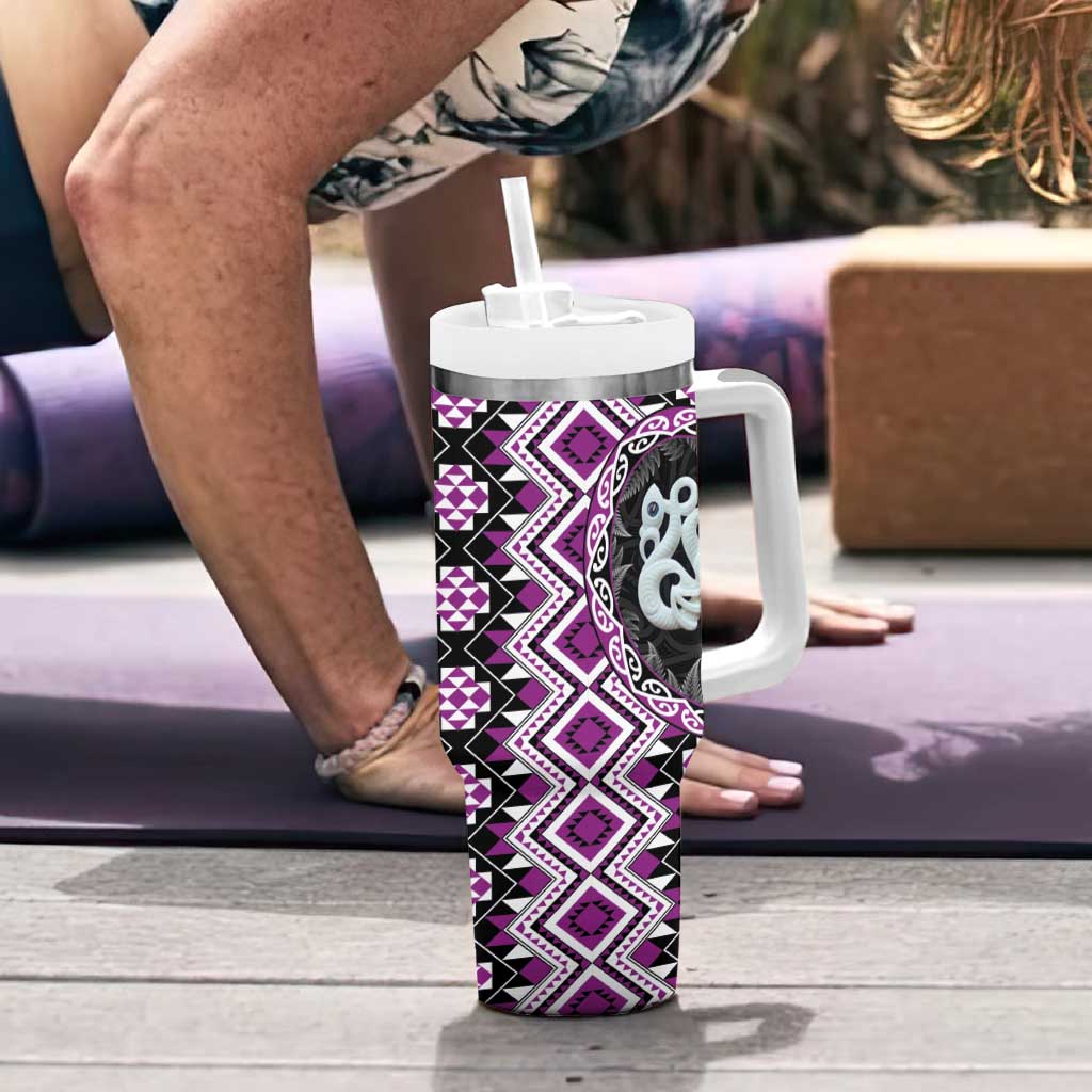 Purple Taniko Motif Aotearoa Manaia and Silver Fern Tumbler With Handle LT03 - Polynesian Pride
