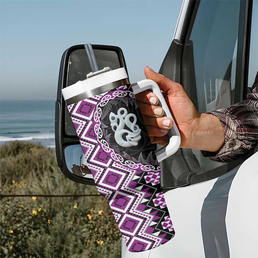 Purple Taniko Motif Aotearoa Manaia and Silver Fern Tumbler With Handle LT03 - Polynesian Pride