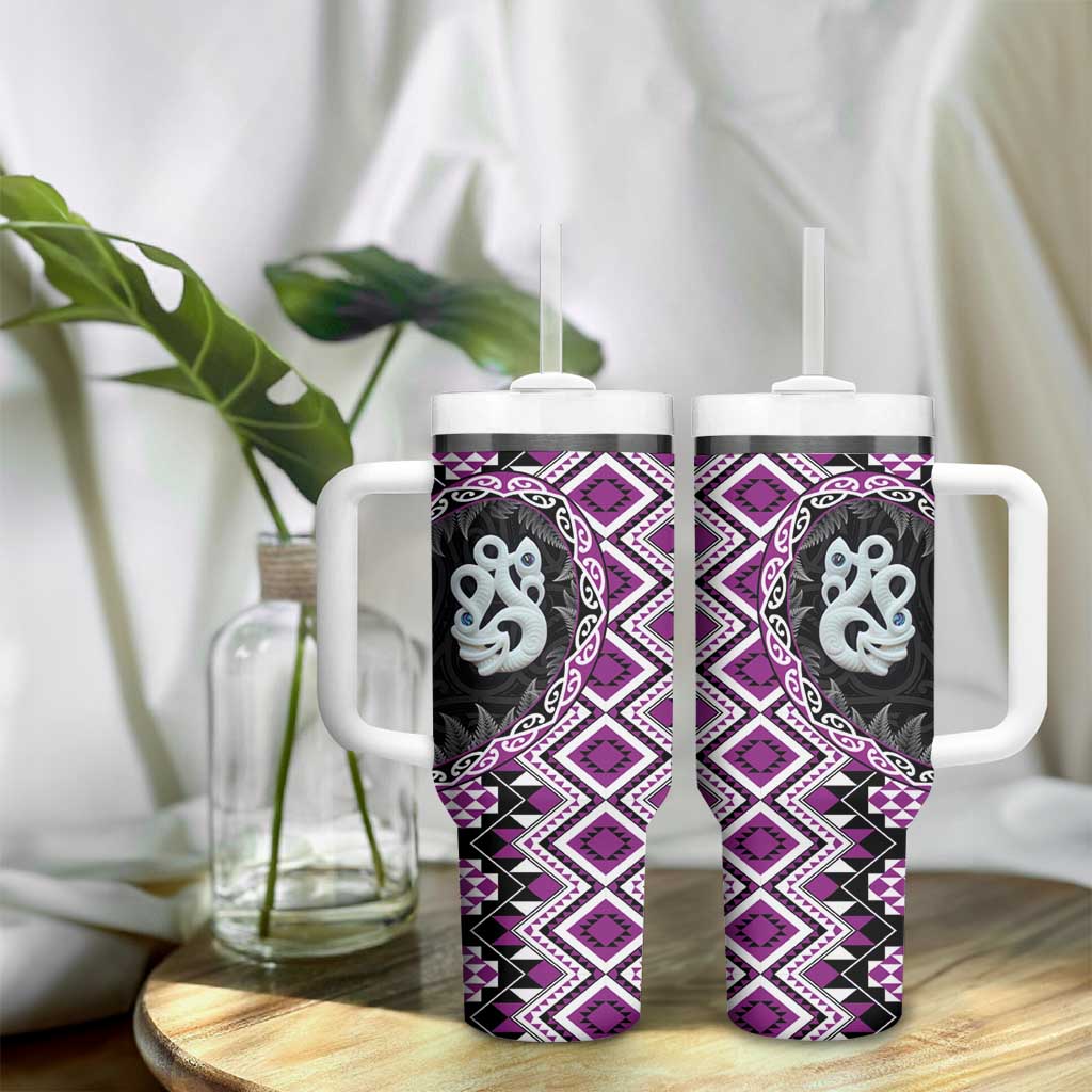Purple Taniko Motif Aotearoa Manaia and Silver Fern Tumbler With Handle LT03 - Polynesian Pride