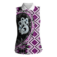 Purple Taniko Motif Aotearoa Manaia and Silver Fern Women Sleeveless Polo Shirt