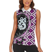 Purple Taniko Motif Aotearoa Manaia and Silver Fern Women Sleeveless Polo Shirt