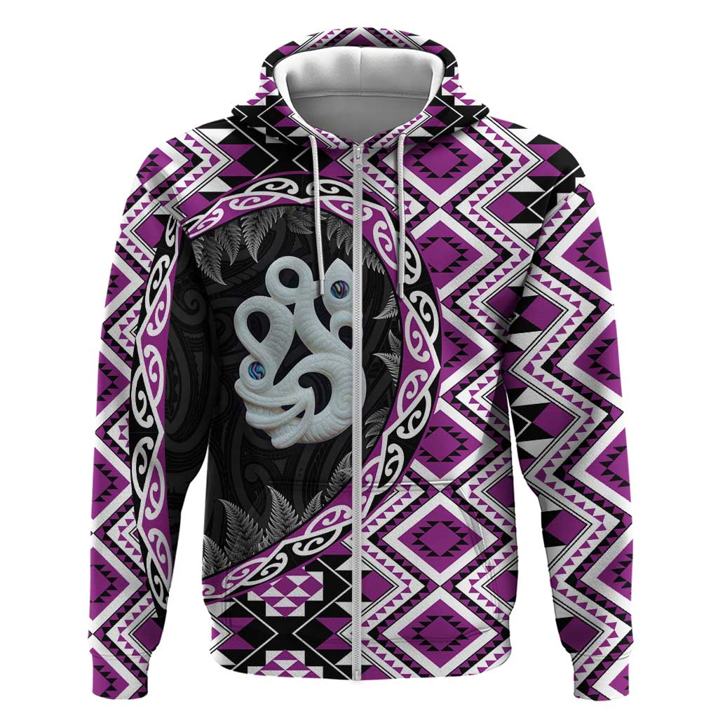 Purple Taniko Motif Aotearoa Manaia and Silver Fern Zip Hoodie