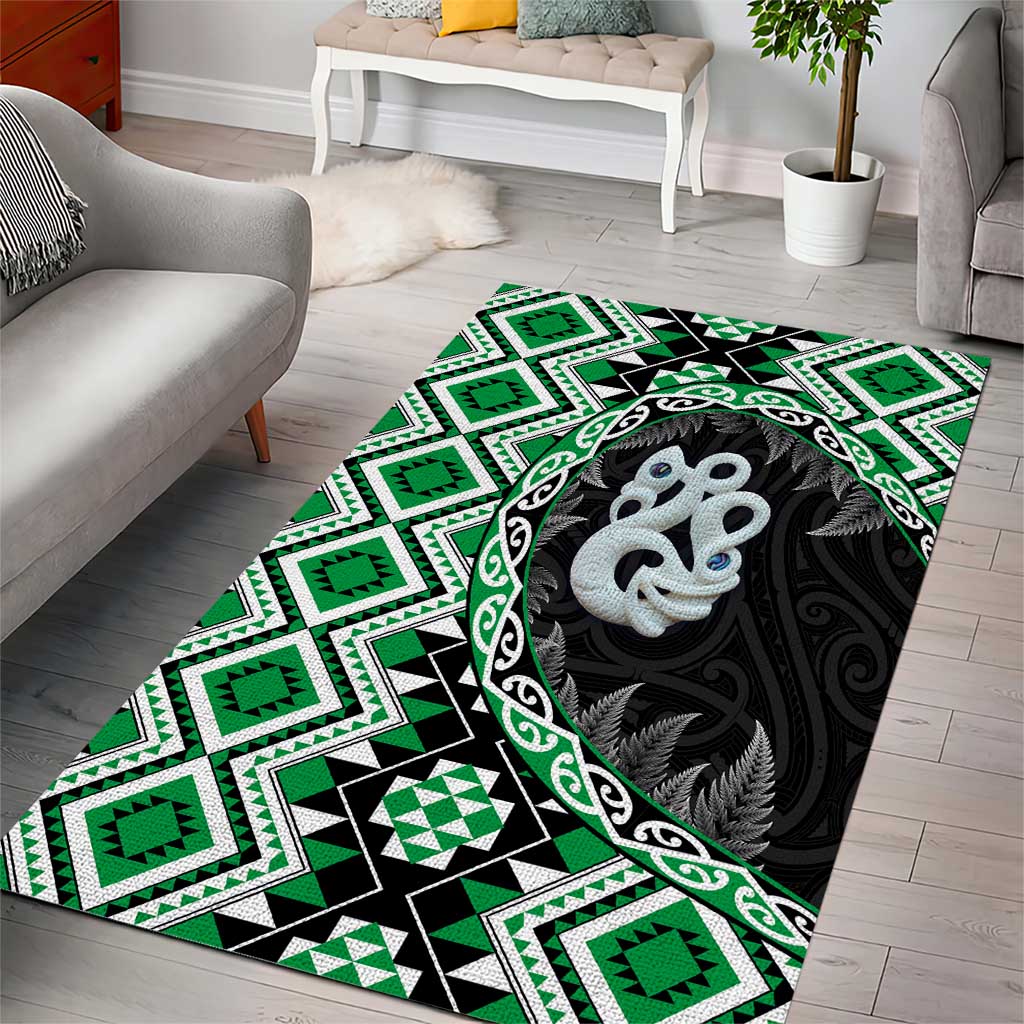 Green Taniko Motif Aotearoa Manaia and Silver Fern Area Rug LT03 - Polynesian Pride