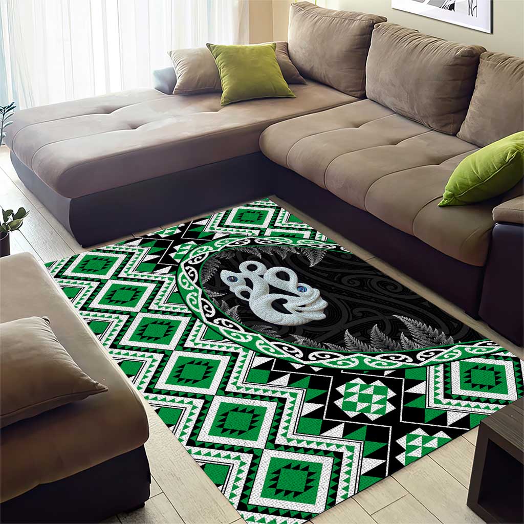 Green Taniko Motif Aotearoa Manaia and Silver Fern Area Rug LT03 - Polynesian Pride