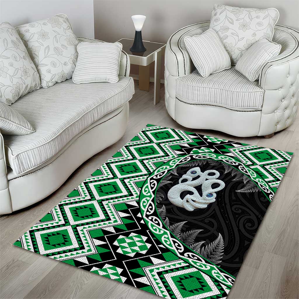 Green Taniko Motif Aotearoa Manaia and Silver Fern Area Rug LT03 - Polynesian Pride