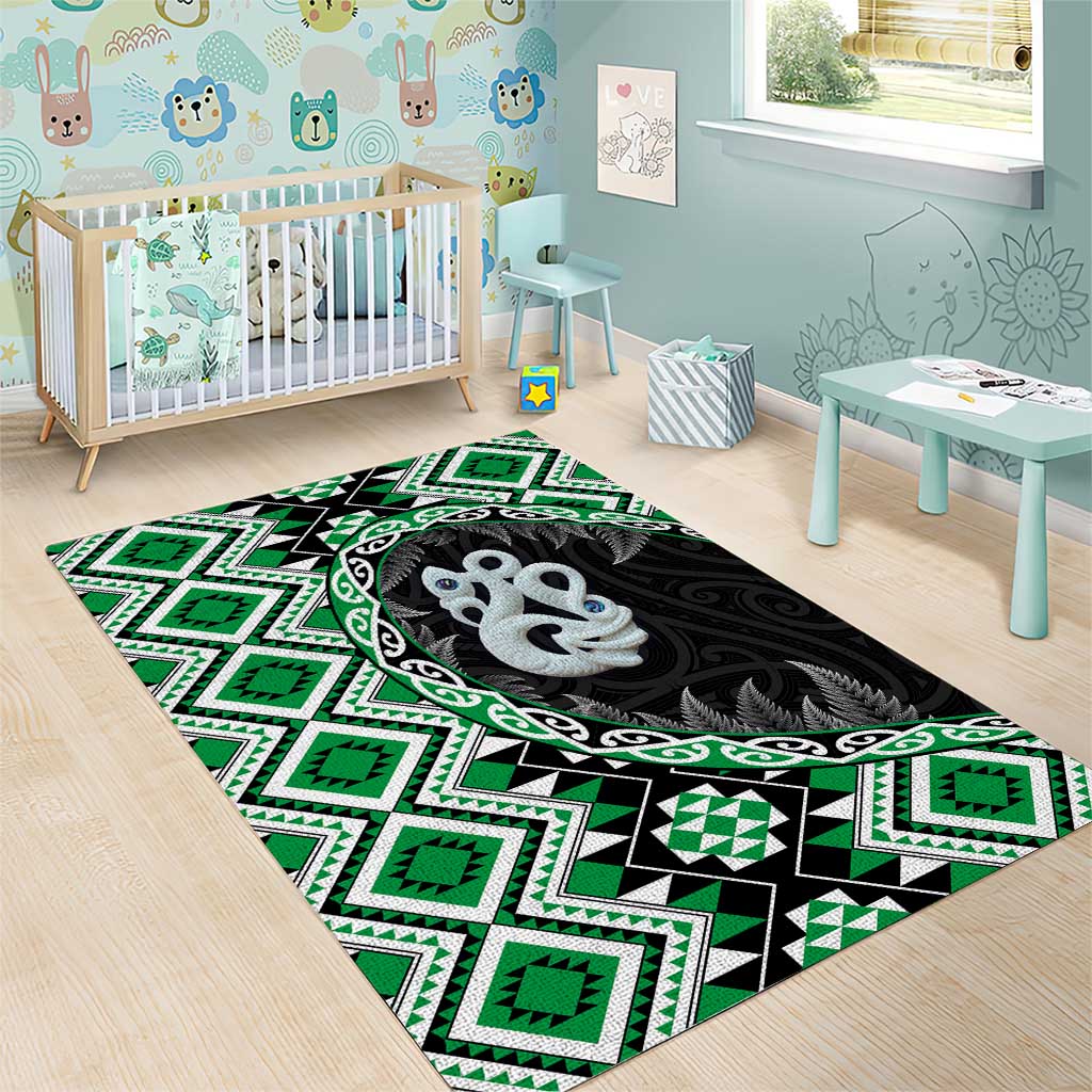 Green Taniko Motif Aotearoa Manaia and Silver Fern Area Rug LT03 - Polynesian Pride