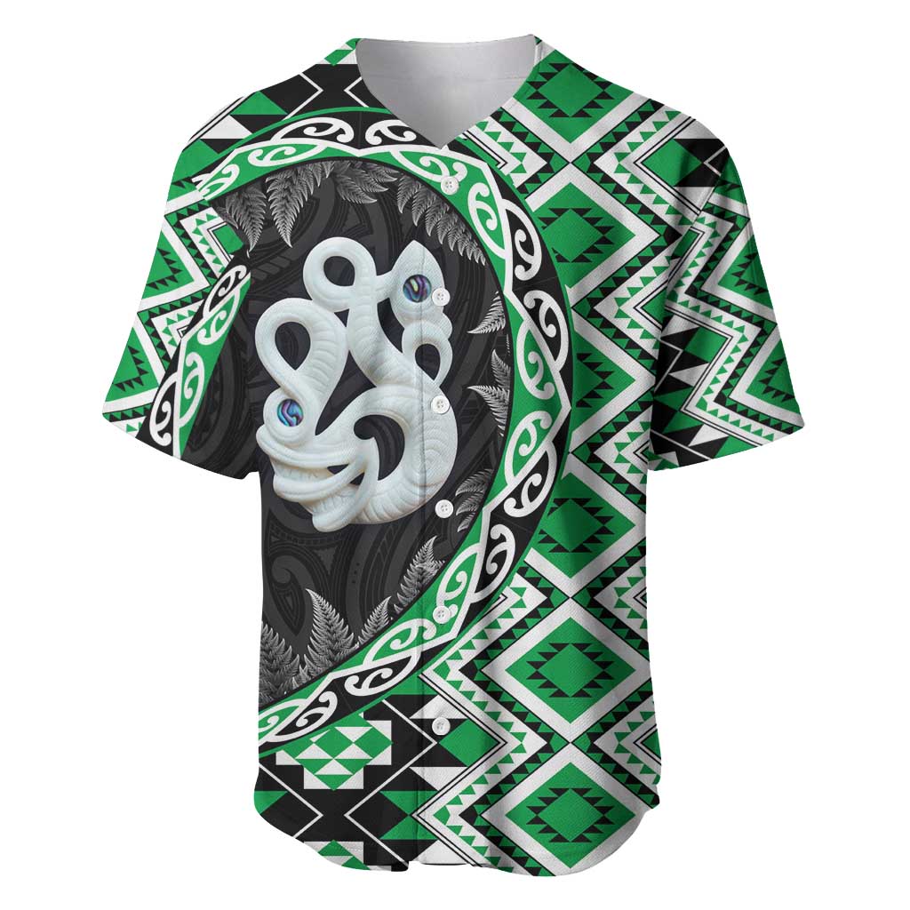 Green Taniko Motif Aotearoa Manaia and Silver Fern Baseball Jersey