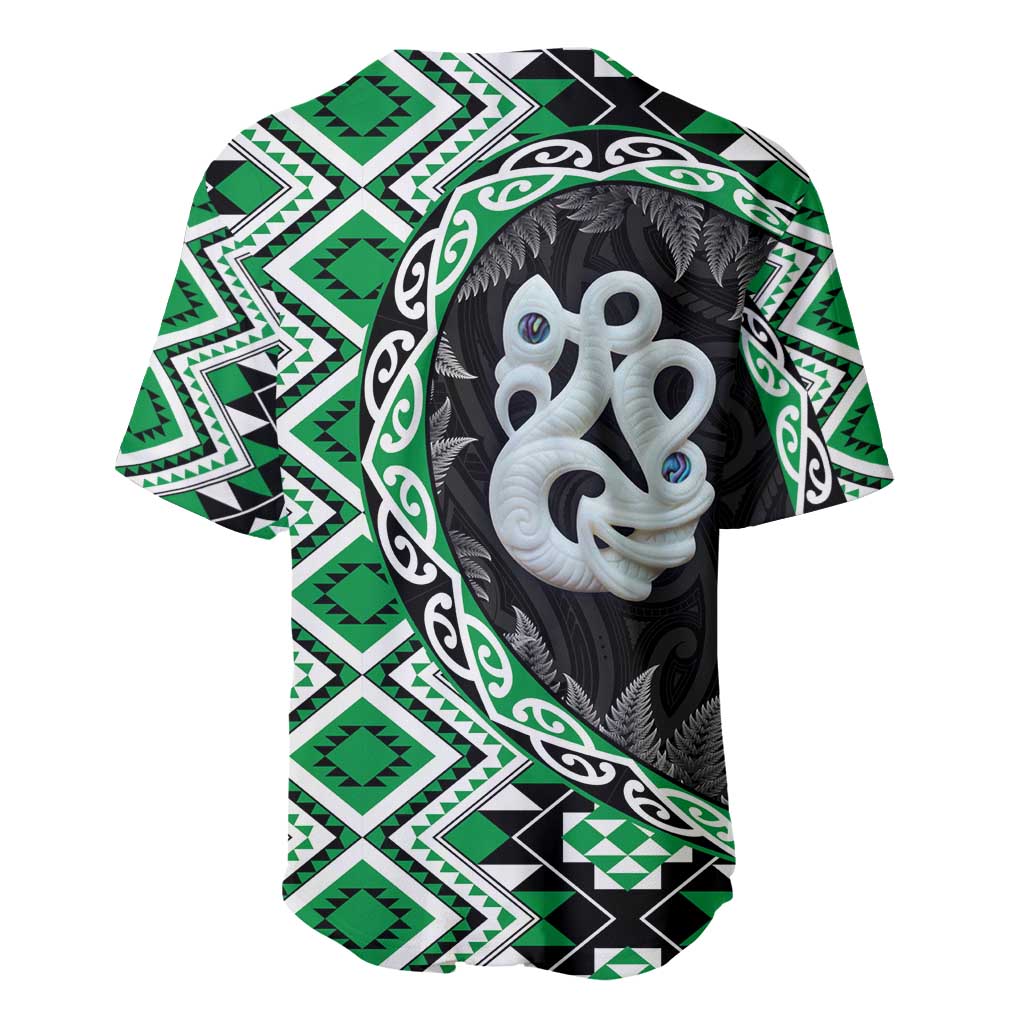 Green Taniko Motif Aotearoa Manaia and Silver Fern Baseball Jersey