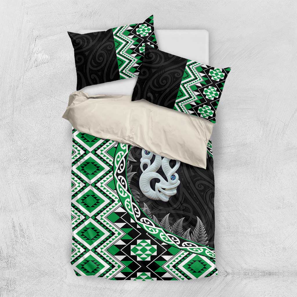 Green Taniko Motif Aotearoa Manaia and Silver Fern Bedding Set