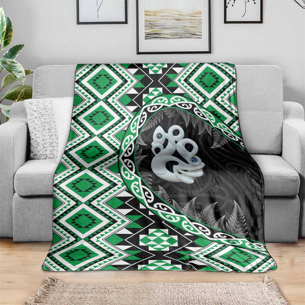 Green Taniko Motif Aotearoa Manaia and Silver Fern Blanket LT03 - Polynesian Pride
