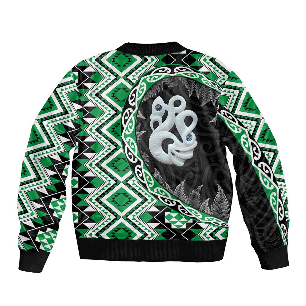 Green Taniko Motif Aotearoa Manaia and Silver Fern Bomber Jacket