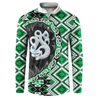 Green Taniko Motif Aotearoa Manaia and Silver Fern Button Sweatshirt