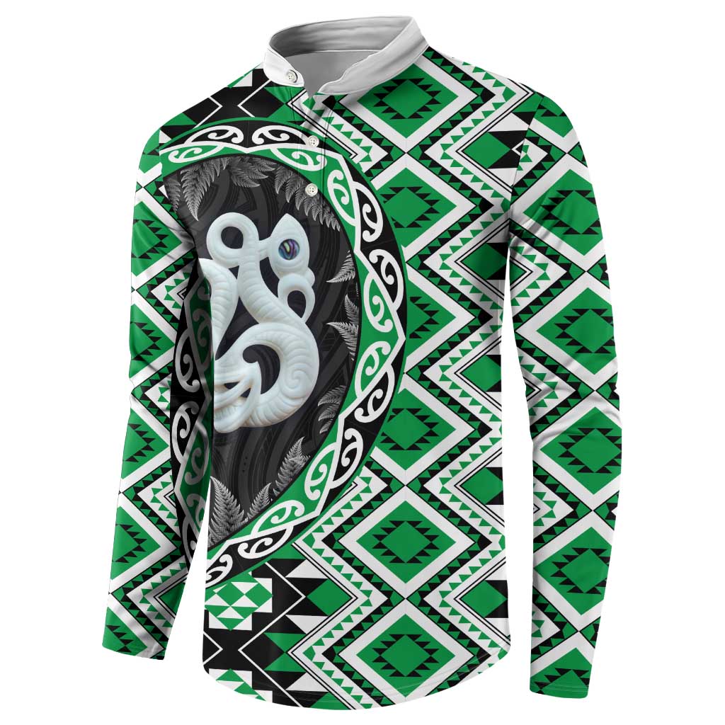 Green Taniko Motif Aotearoa Manaia and Silver Fern Button Sweatshirt