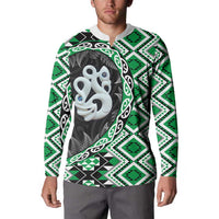 Green Taniko Motif Aotearoa Manaia and Silver Fern Button Sweatshirt