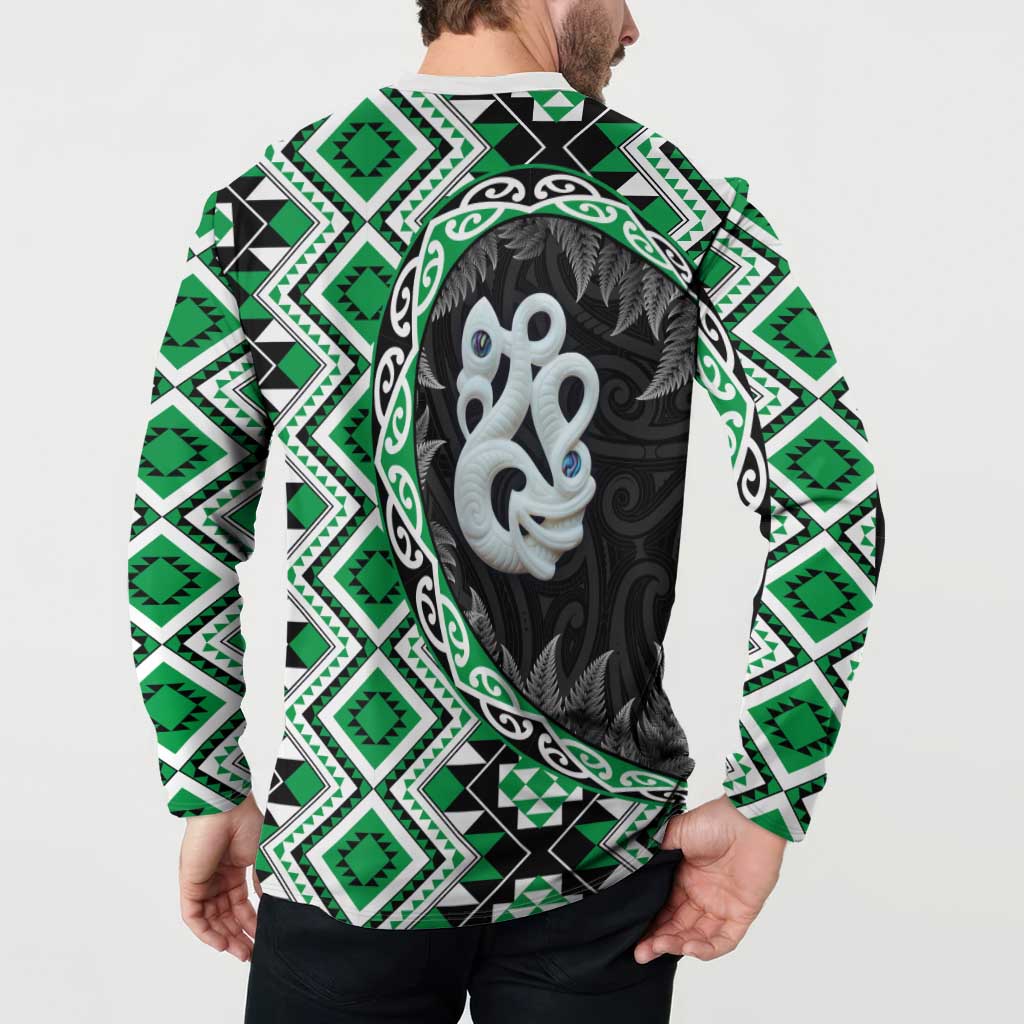 Green Taniko Motif Aotearoa Manaia and Silver Fern Button Sweatshirt