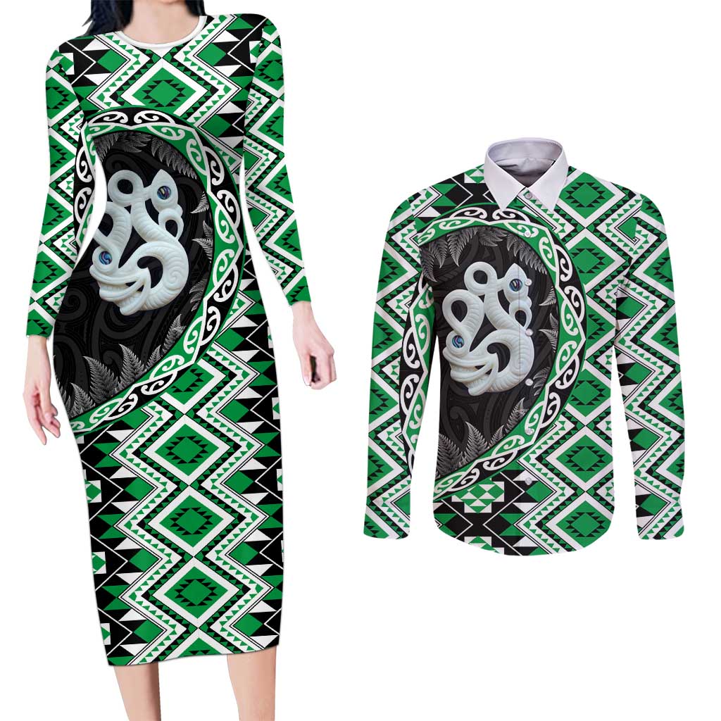 Green Taniko Motif Aotearoa Manaia and Silver Fern Couples Matching Long Sleeve Bodycon Dress and Long Sleeve Button Shirt