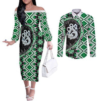 Green Taniko Motif Aotearoa Manaia and Silver Fern Couples Matching Off The Shoulder Long Sleeve Dress and Long Sleeve Button Shirt