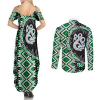 Green Taniko Motif Aotearoa Manaia and Silver Fern Couples Matching Summer Maxi Dress and Long Sleeve Button Shirt