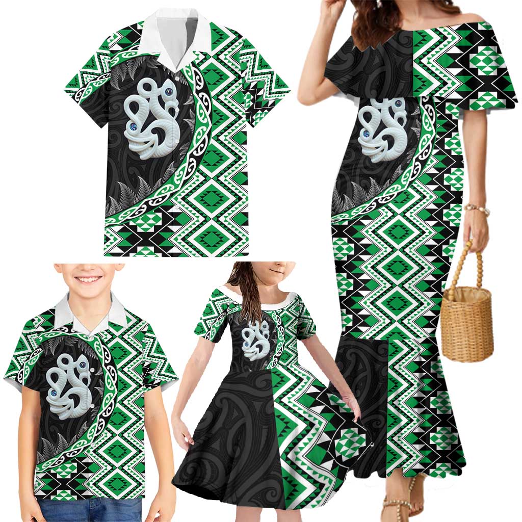 Green Taniko Motif Aotearoa Manaia and Silver Fern Family Matching Mermaid Dress and Hawaiian Shirt