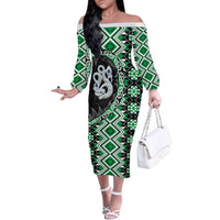 Green Taniko Motif Aotearoa Manaia and Silver Fern Family Matching Off The Shoulder Long Sleeve Dress and Hawaiian Shirt
