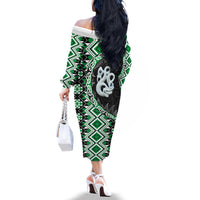 Green Taniko Motif Aotearoa Manaia and Silver Fern Family Matching Off The Shoulder Long Sleeve Dress and Hawaiian Shirt