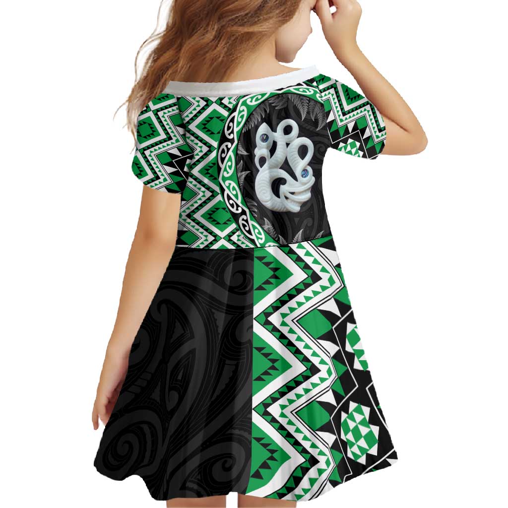 Green Taniko Motif Aotearoa Manaia and Silver Fern Family Matching Off Shoulder Maxi Dress and Hawaiian Shirt