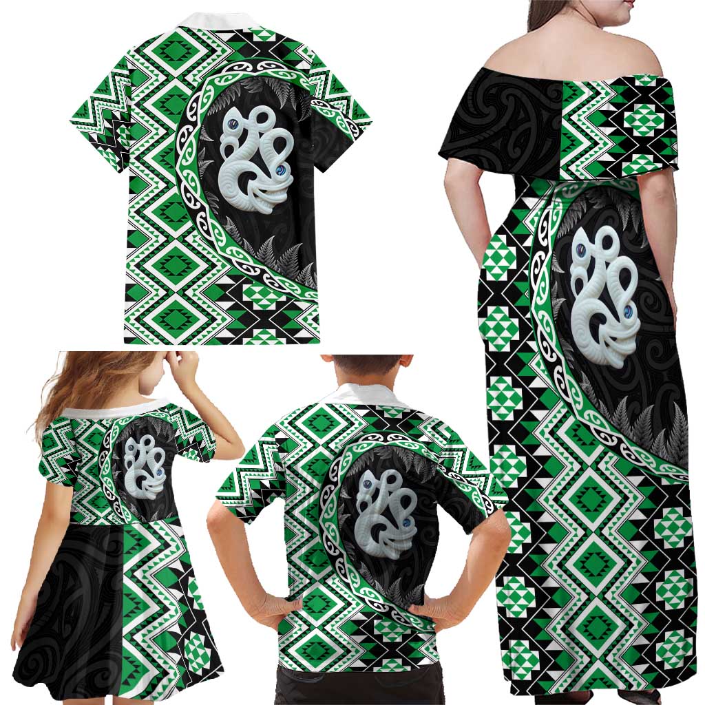 Green Taniko Motif Aotearoa Manaia and Silver Fern Family Matching Off Shoulder Maxi Dress and Hawaiian Shirt