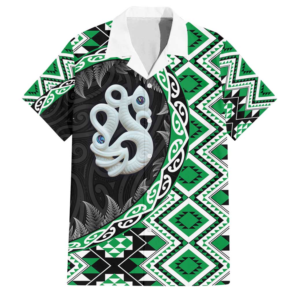 Green Taniko Motif Aotearoa Manaia and Silver Fern Family Matching Off Shoulder Maxi Dress and Hawaiian Shirt