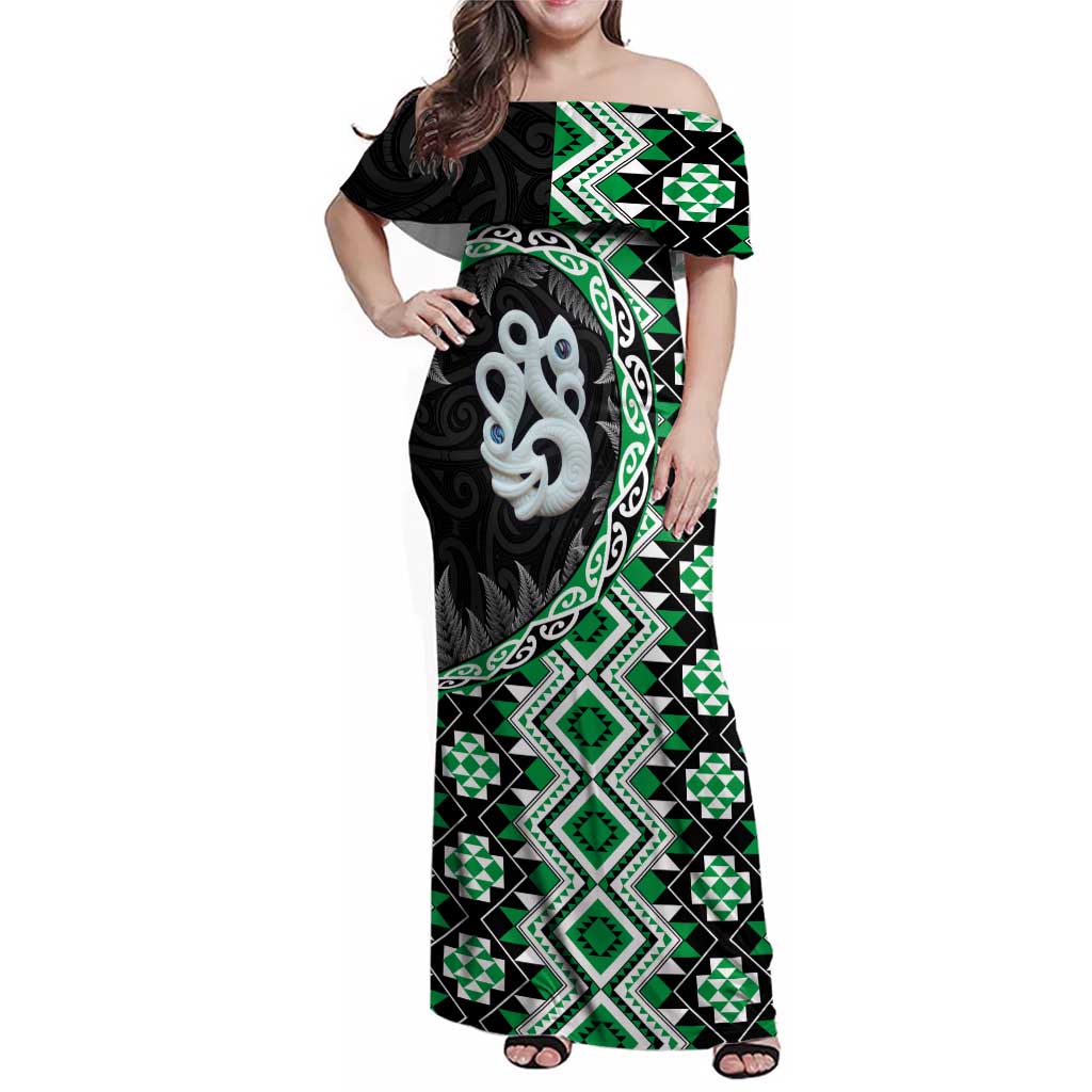 Green Taniko Motif Aotearoa Manaia and Silver Fern Family Matching Off Shoulder Maxi Dress and Hawaiian Shirt