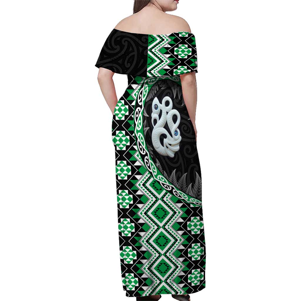 Green Taniko Motif Aotearoa Manaia and Silver Fern Family Matching Off Shoulder Maxi Dress and Hawaiian Shirt