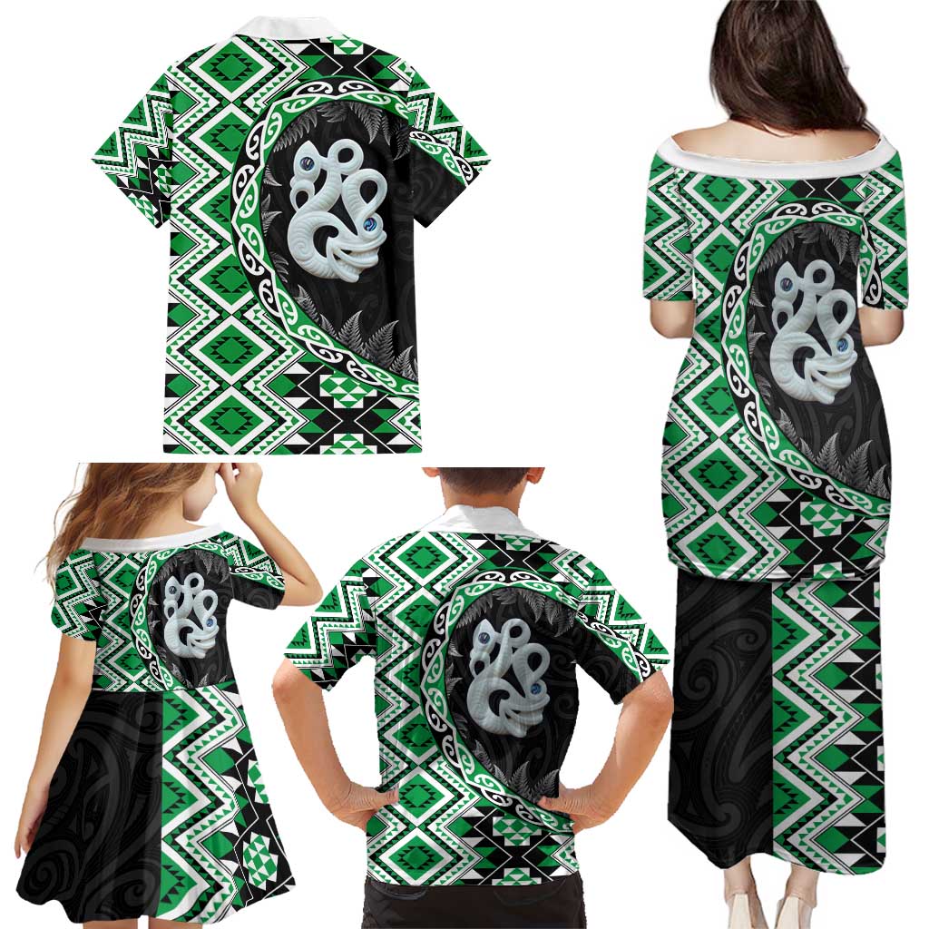 Green Taniko Motif Aotearoa Manaia and Silver Fern Family Matching Puletasi and Hawaiian Shirt