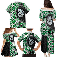 Green Taniko Motif Aotearoa Manaia and Silver Fern Family Matching Puletasi and Hawaiian Shirt
