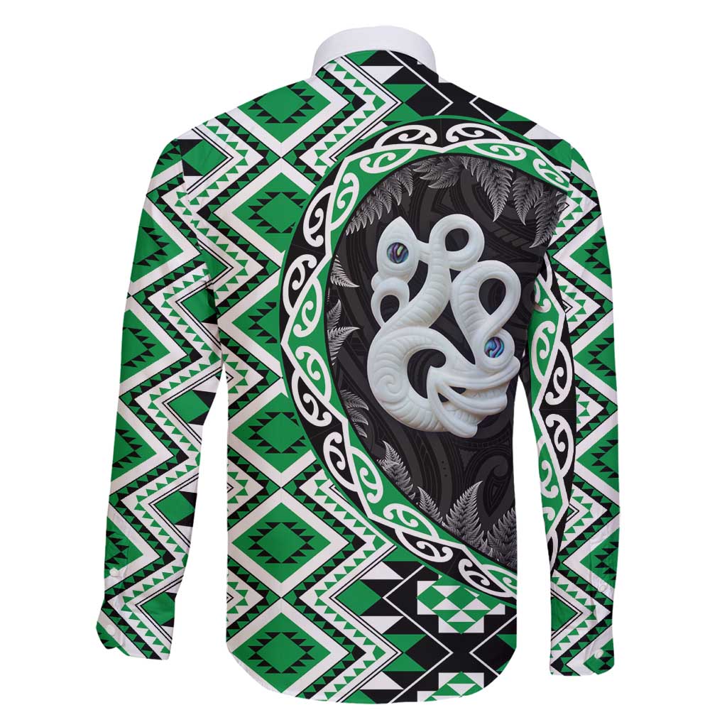 Green Taniko Motif Aotearoa Manaia and Silver Fern Family Matching Puletasi and Hawaiian Shirt