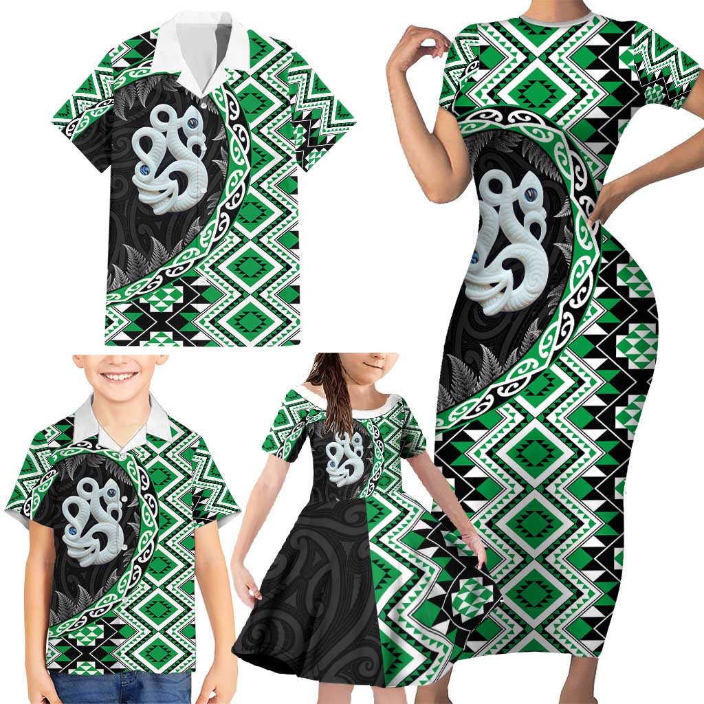 Green Taniko Motif Aotearoa Manaia and Silver Fern Family Matching Short Sleeve Bodycon Dress and Hawaiian Shirt