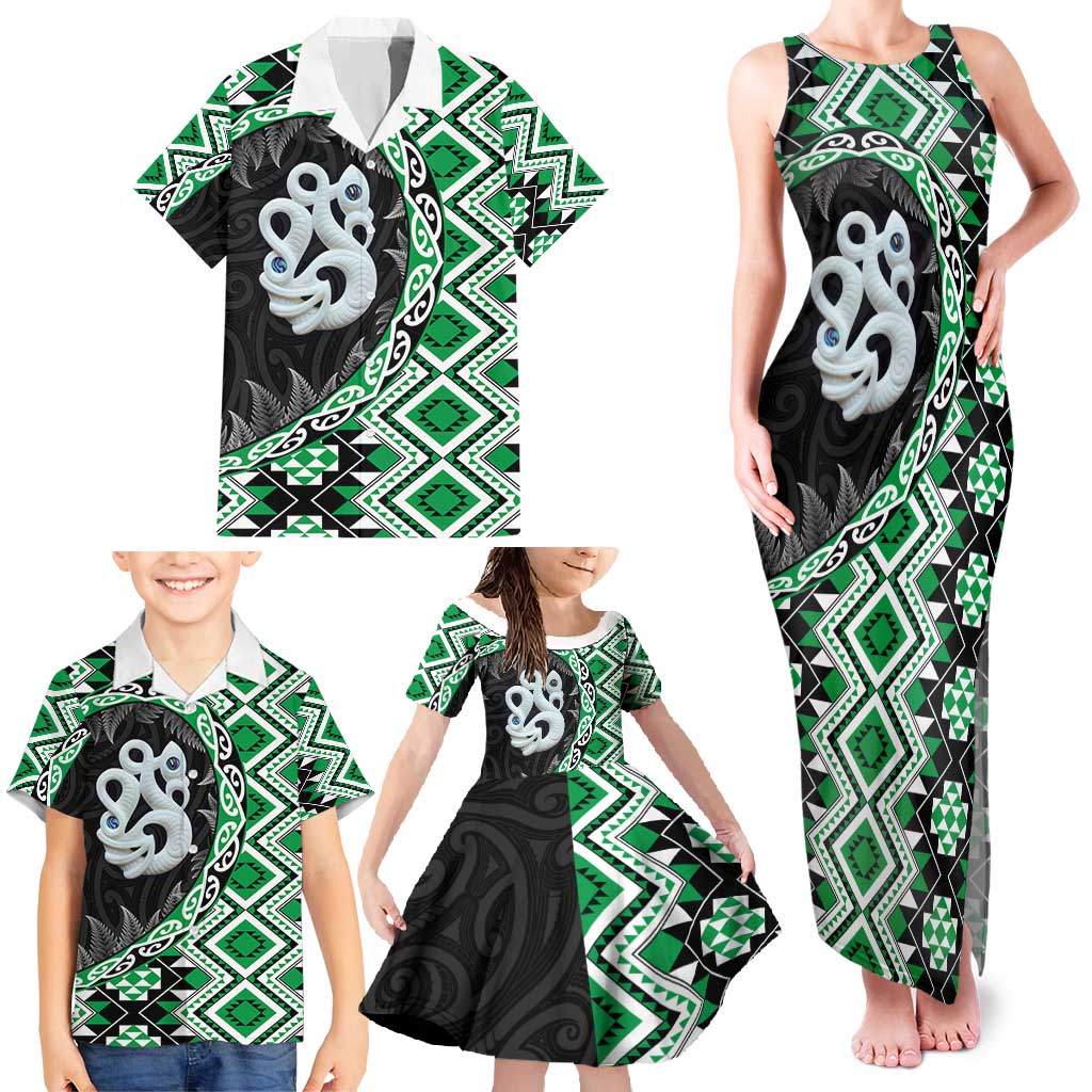 Green Taniko Motif Aotearoa Manaia and Silver Fern Family Matching Tank Maxi Dress and Hawaiian Shirt