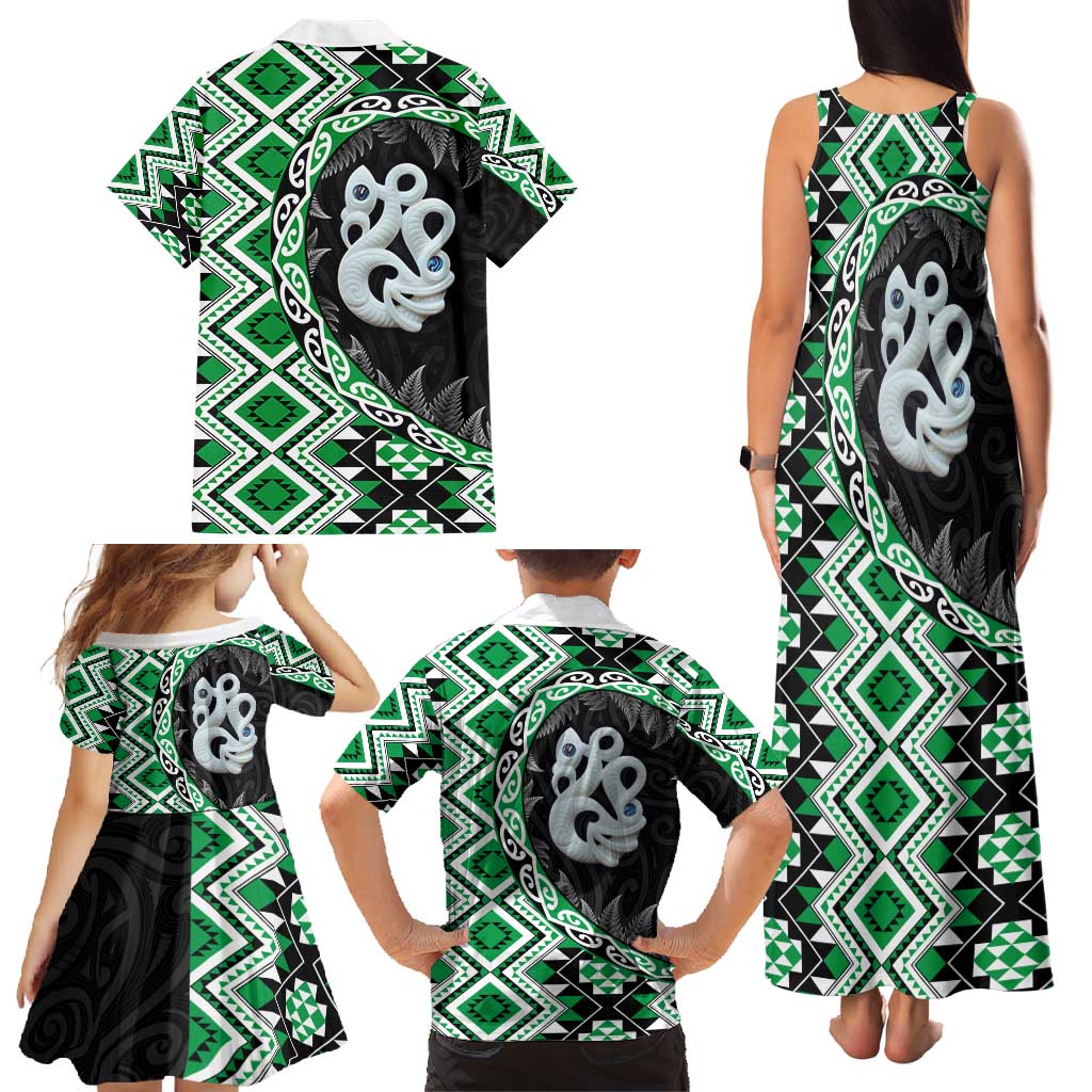 Green Taniko Motif Aotearoa Manaia and Silver Fern Family Matching Tank Maxi Dress and Hawaiian Shirt