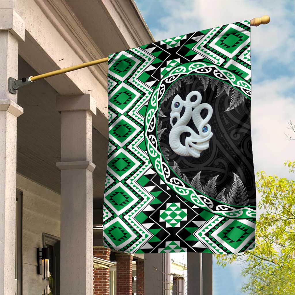 Green Taniko Motif Aotearoa Manaia and Silver Fern Garden Flag