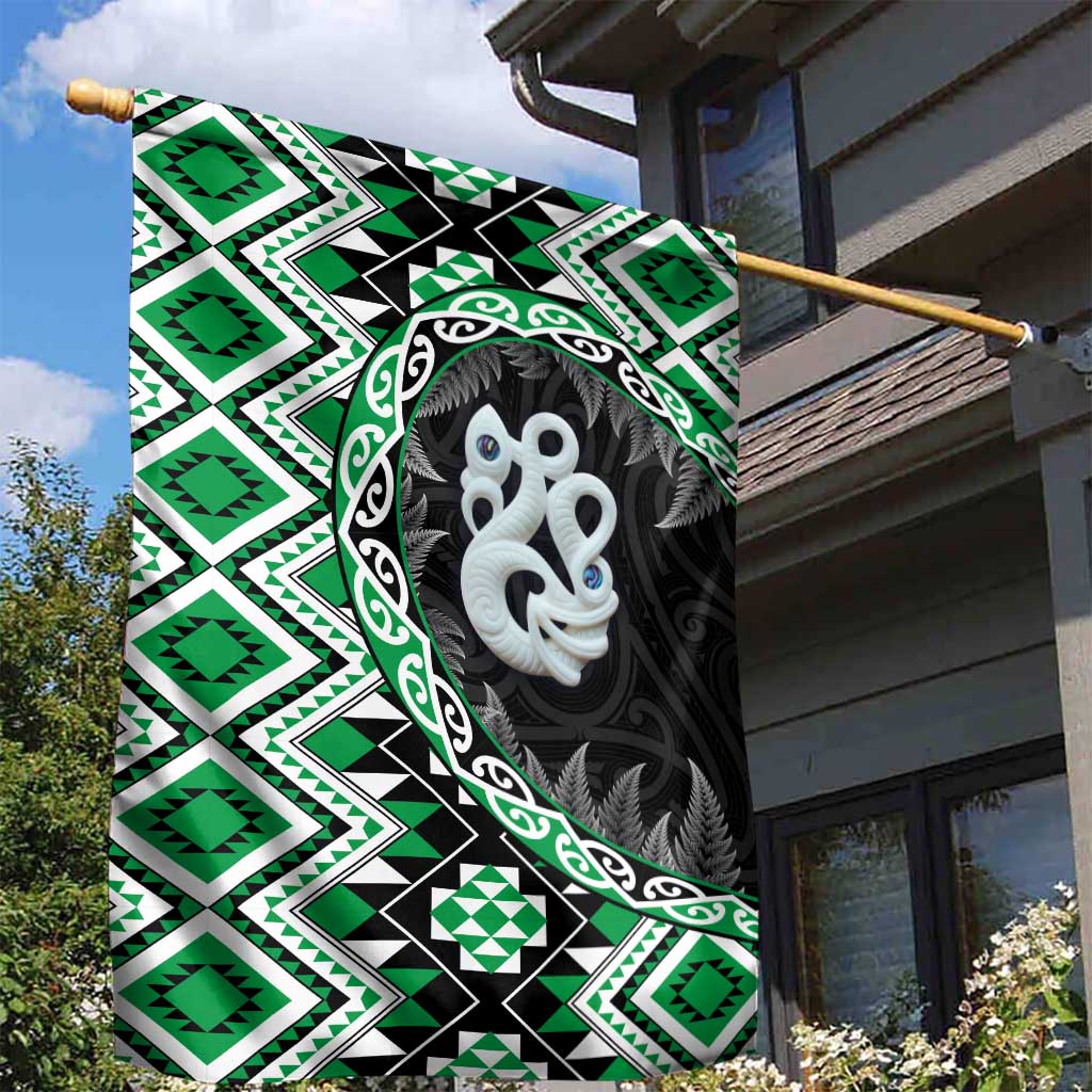 Green Taniko Motif Aotearoa Manaia and Silver Fern Garden Flag LT03 - Polynesian Pride