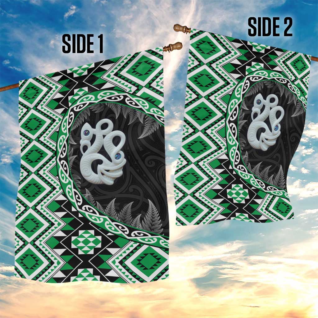 Green Taniko Motif Aotearoa Manaia and Silver Fern Garden Flag LT03 - Polynesian Pride