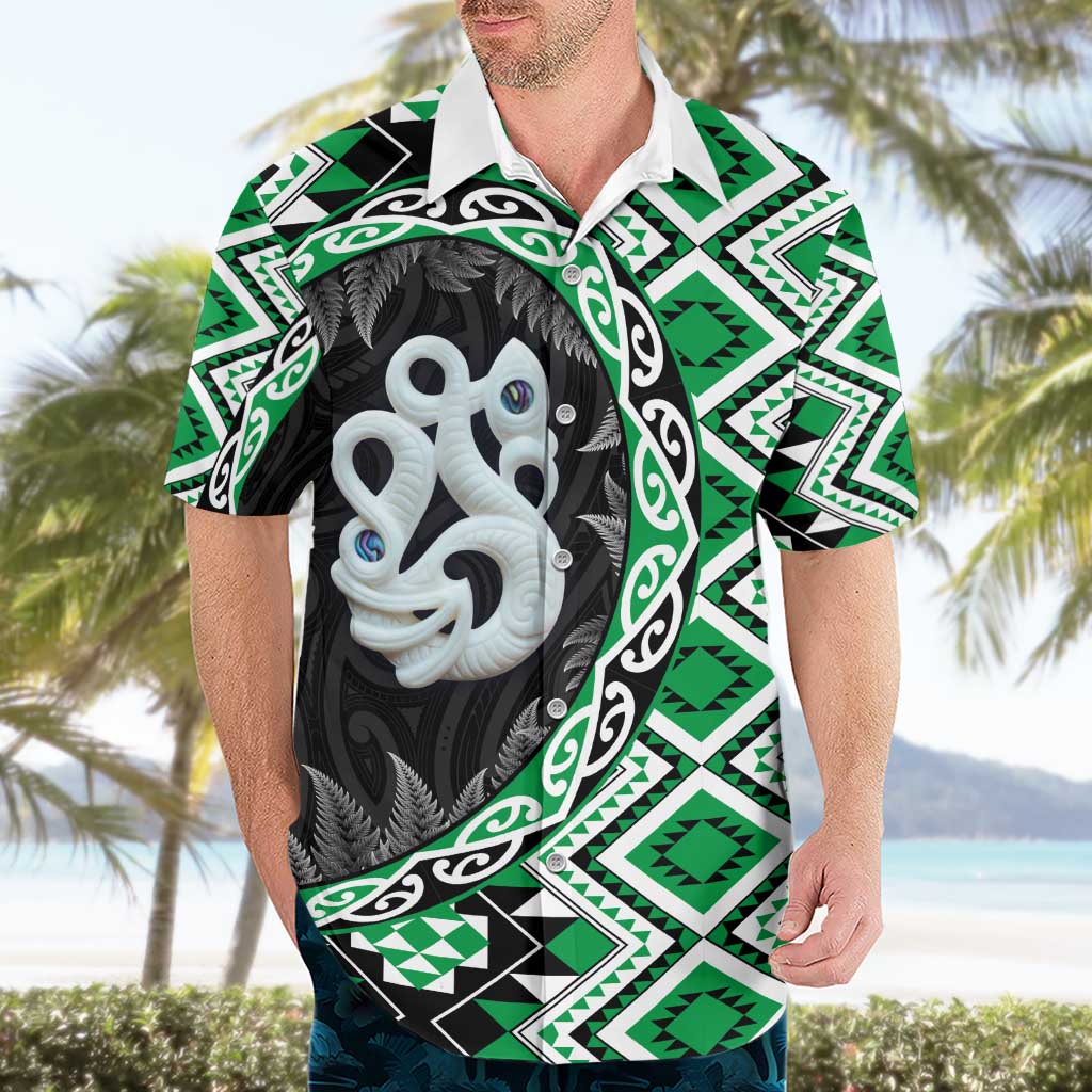 Green Taniko Motif Aotearoa Manaia and Silver Fern Hawaiian Shirt LT03 - Polynesian Pride