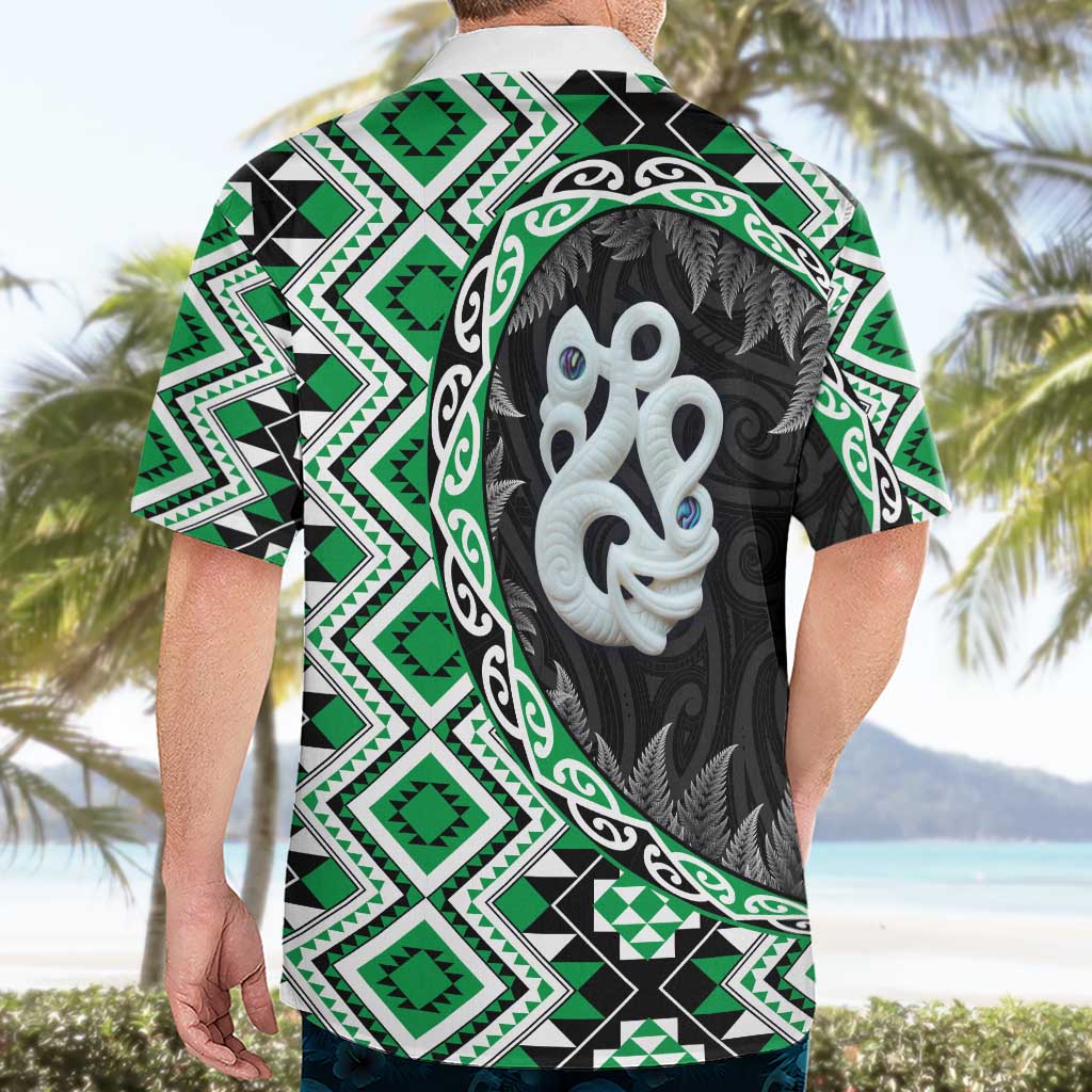 Green Taniko Motif Aotearoa Manaia and Silver Fern Hawaiian Shirt LT03 - Polynesian Pride