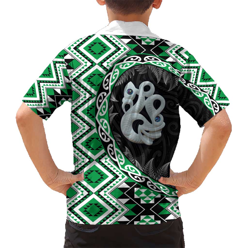 Green Taniko Motif Aotearoa Manaia and Silver Fern Hawaiian Shirt LT03 - Polynesian Pride