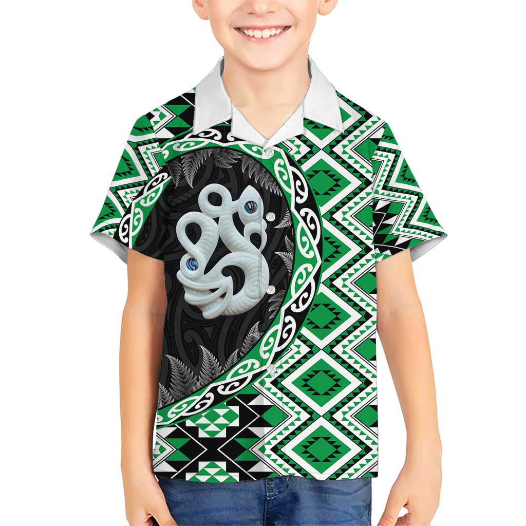 Green Taniko Motif Aotearoa Manaia and Silver Fern Kid Hawaiian Shirt