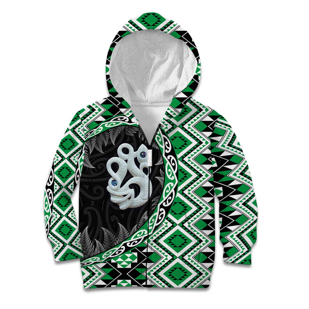 Green Taniko Motif Aotearoa Manaia and Silver Fern Kid Hoodie