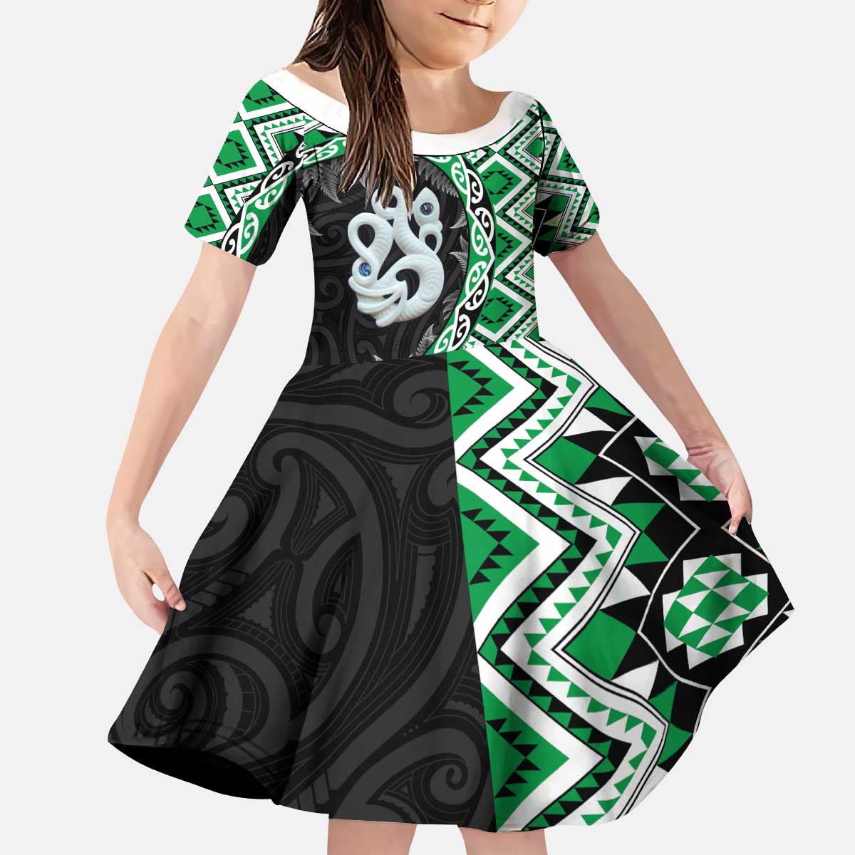 Green Taniko Motif Aotearoa Manaia and Silver Fern Kid Short Sleeve Dress