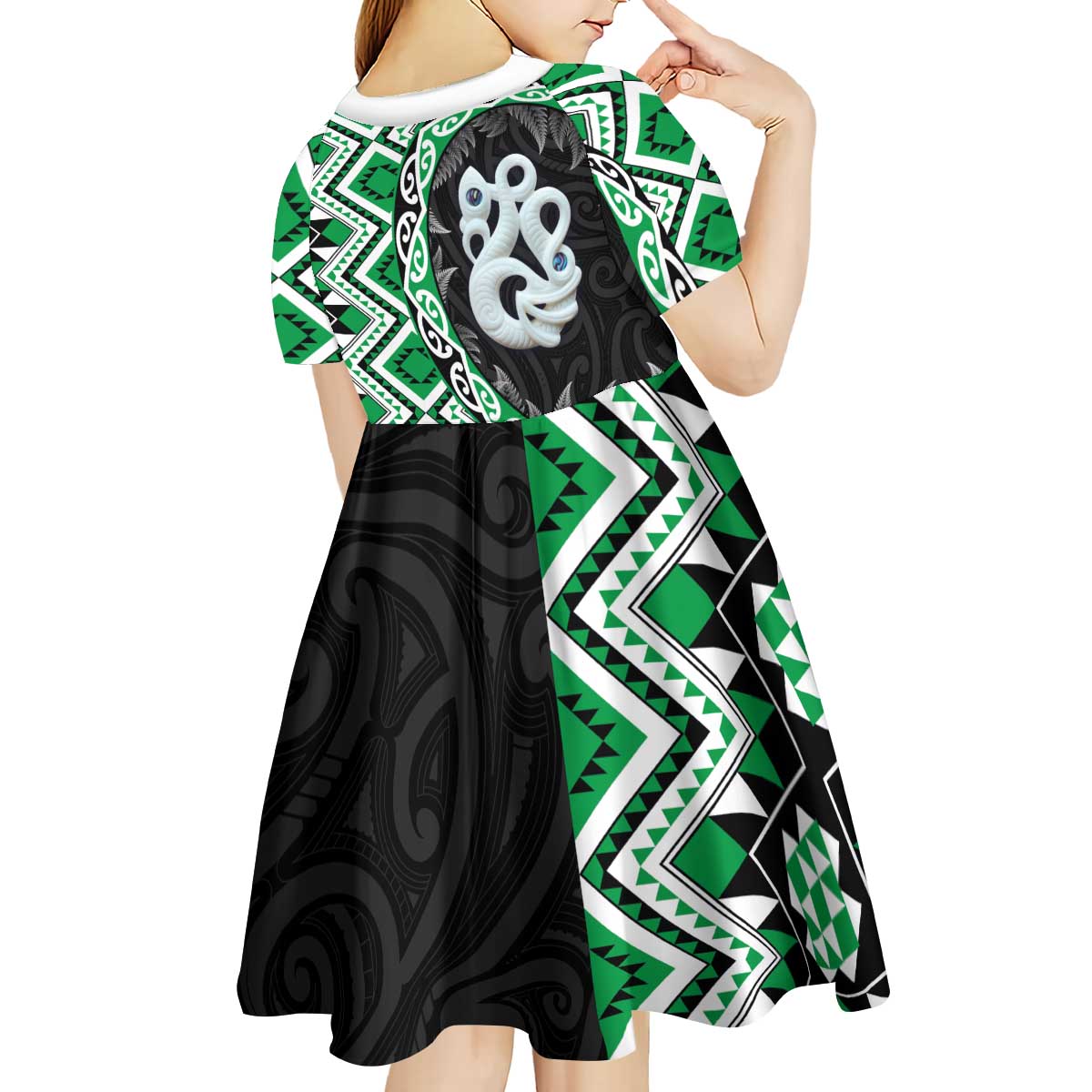 Green Taniko Motif Aotearoa Manaia and Silver Fern Kid Short Sleeve Dress