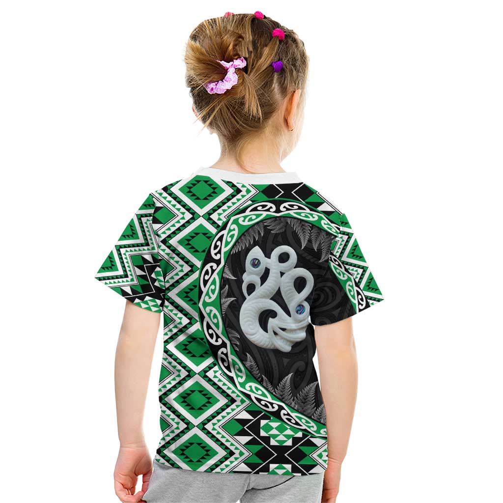 Green Taniko Motif Aotearoa Manaia and Silver Fern Kid T Shirt