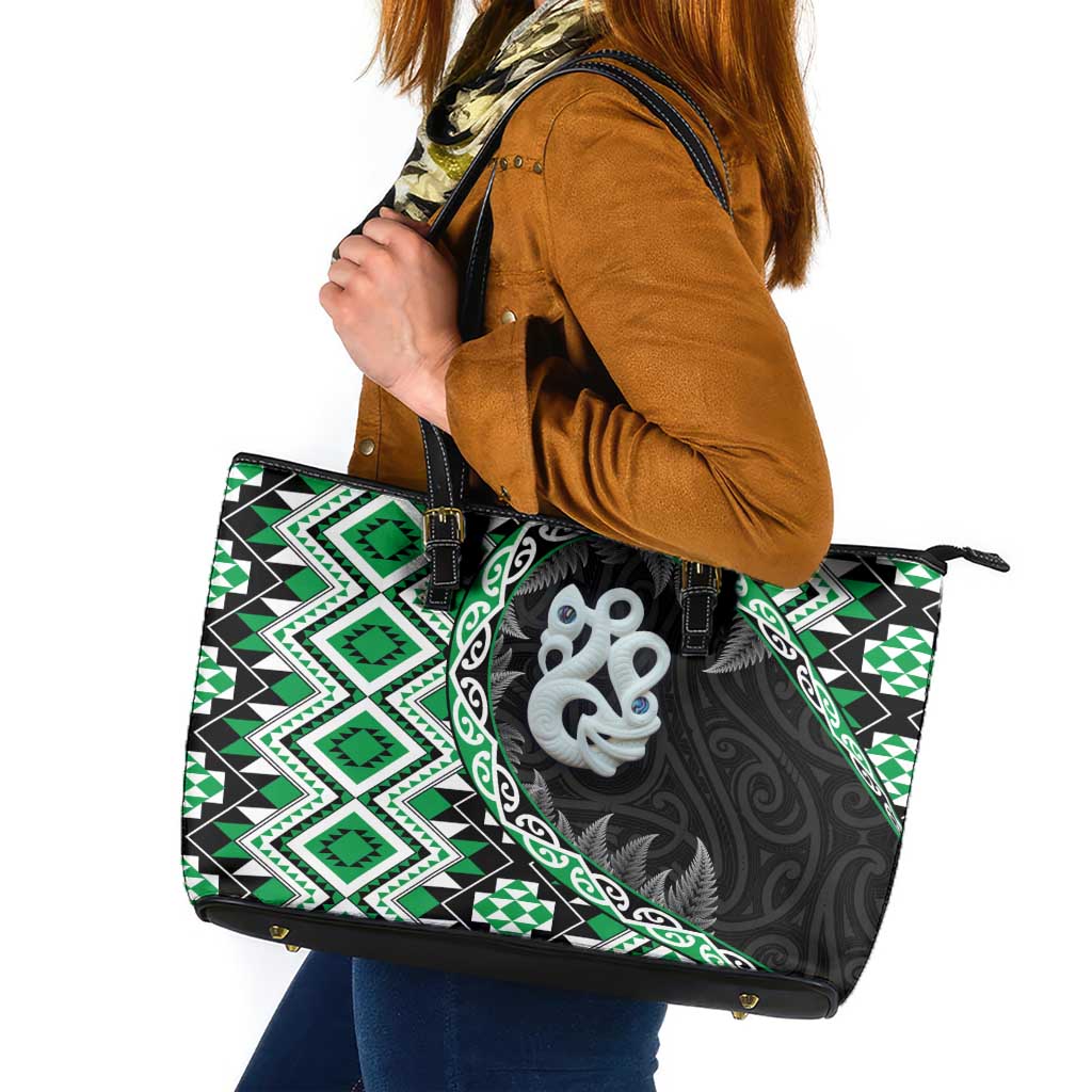 Green Taniko Motif Aotearoa Manaia and Silver Fern Leather Tote Bag