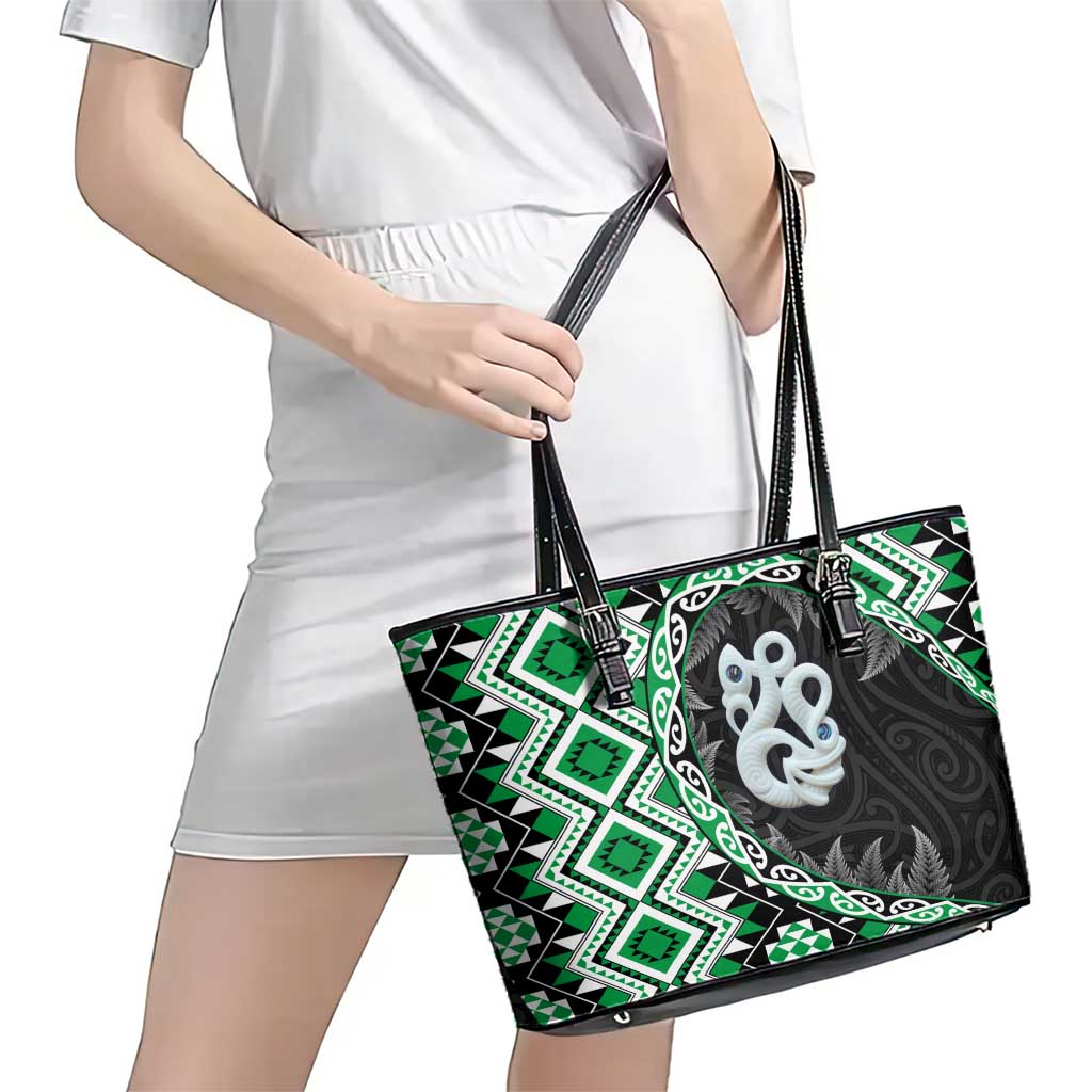 Green Taniko Motif Aotearoa Manaia and Silver Fern Leather Tote Bag